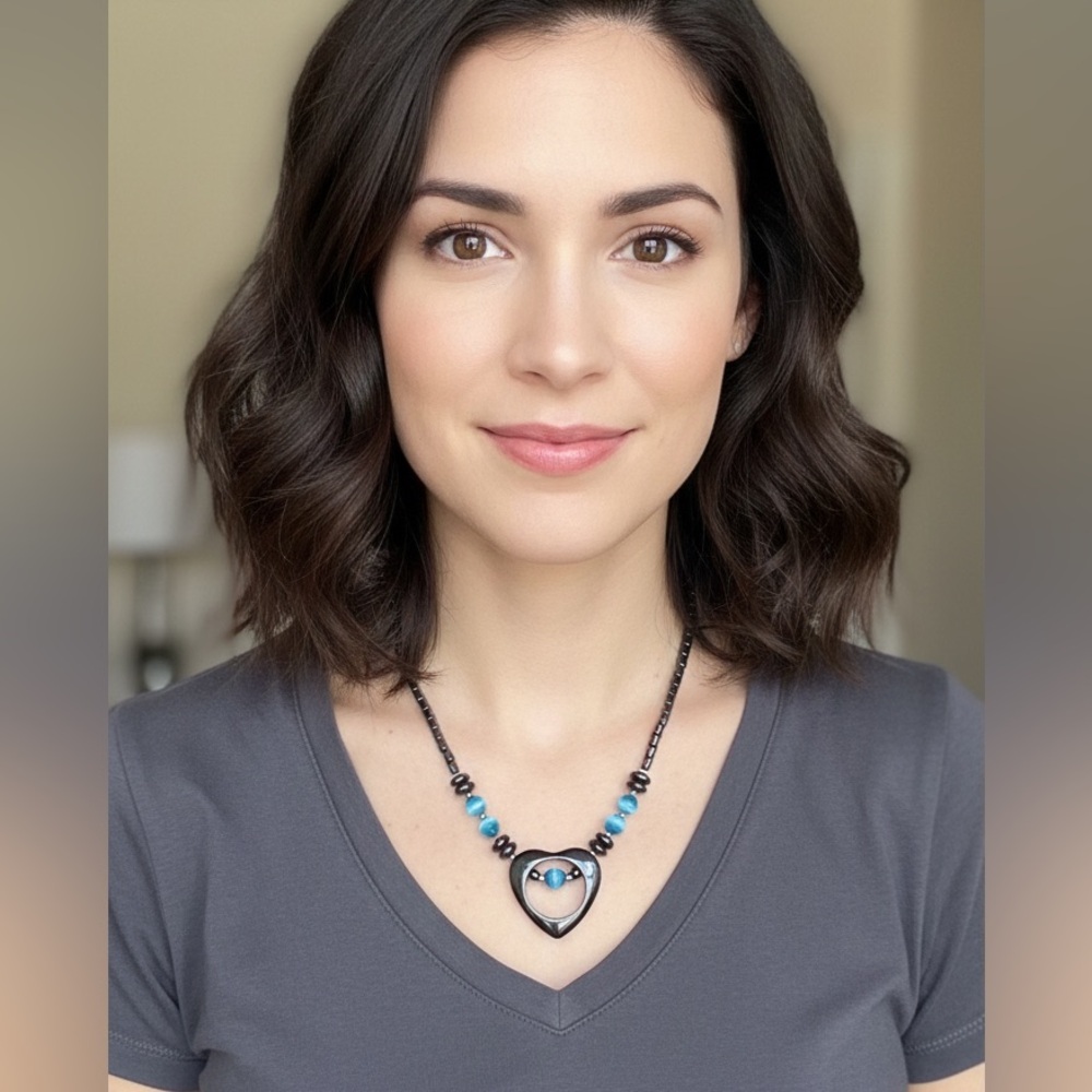 Open Heart Hematite Necklace 18”